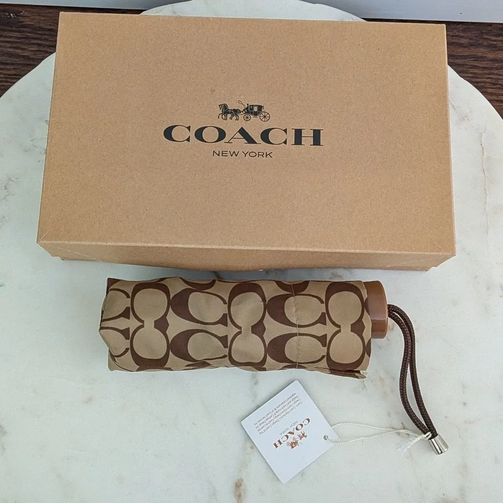 NEW Coach Signature Mini Umbrella Khaki Saddle Brown Monogram Compact F63365 NIB